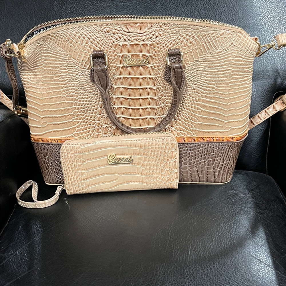 Guess Tan and Brown Croc-Embossed Satchel Set